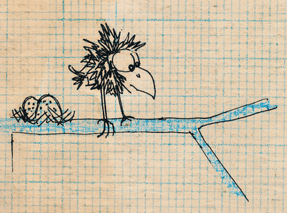 Minimalist bird illustration by Belgian artist Gert Paenen featuring hand-drawn quirky birds on textured vintage-style paper with blue grid details, contemporary digital art print for playful modern interiors.