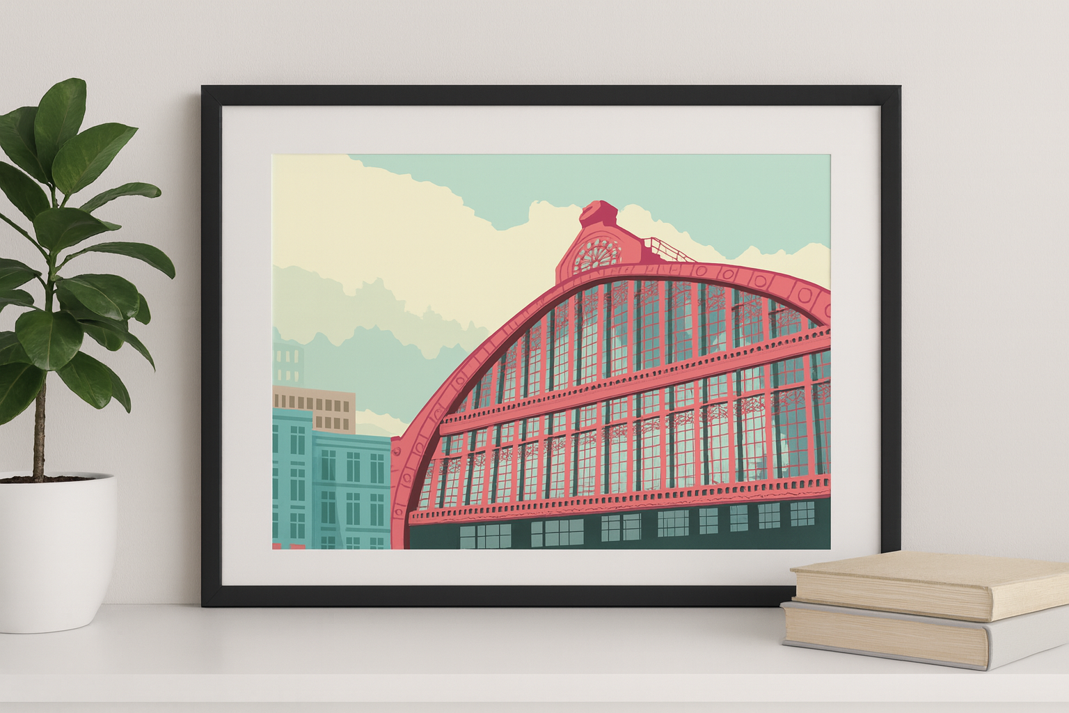 Architectural illustration of the Central Station Dome in Antwerp by Studio Frits – vibrant and modern art print featuring the iconic curved glass and iron roof of Antwerp’s railway station. Perfect wall art for lovers of Belgian architecture, urban landscapes, and European city posters. Available exclusively at Galerie Frits