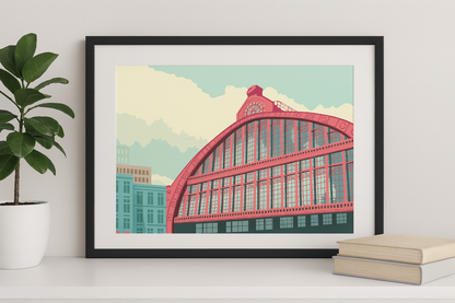 Architectural illustration of the Central Station Dome in Antwerp by Studio Frits – vibrant and modern art print featuring the iconic curved glass and iron roof of Antwerp’s railway station. Perfect wall art for lovers of Belgian architecture, urban landscapes, and European city posters. Available exclusively at Galerie Frits
