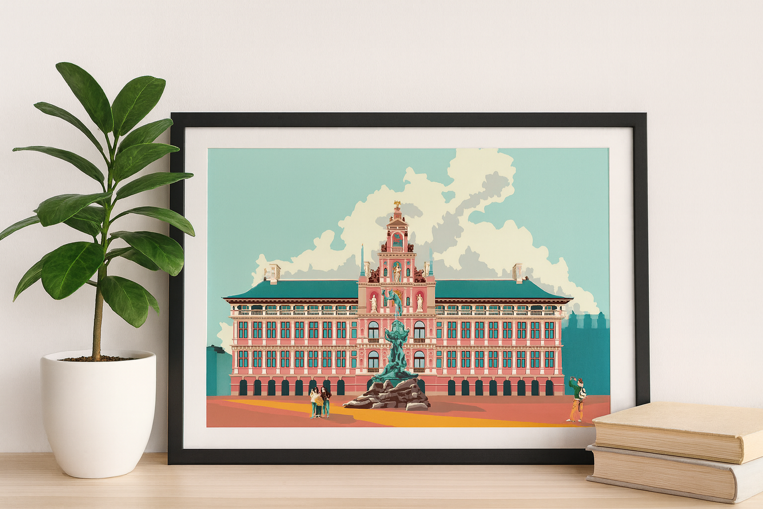 City Hall Antwerp digital art print by Studio Frits – colorful illustration of the Antwerp Stadhuis and Brabo fountain, in a bold graphic style on 300g fine art paper, made in Belgium.