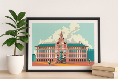City Hall Antwerp digital art print by Studio Frits – colorful illustration of the Antwerp Stadhuis and Brabo fountain, in a bold graphic style on 300g fine art paper, made in Belgium.