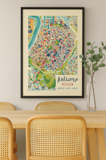 Colorful modern illustration of Antwerp city map by Studio Frits, featuring an abstract geometric layout of Belgium’s iconic port city. Urban wall art showcasing Antwerp's neighborhoods, streets, and river in vibrant colors. Perfect for travel lovers, map collectors, or contemporary home decor. Available as a high-quality art print at Galerie Frits