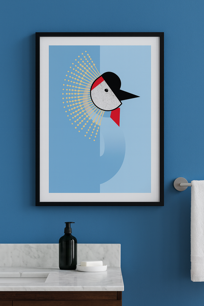 Minimalist modern crane bird illustration by Studio Frits, featuring bold geometric shapes and soft blue tones with red and black accents. A Scandinavian-inspired art print perfect for contemporary interiors and bird art collectors. Available at Galerie Frits