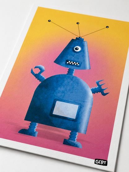 Robot 1 art print by Gert Paenen featuring a blue retro robot character on a vibrant yellow and pink background, contemporary illustration print for modern wall decor, creative workspace art, and playful home decoration.