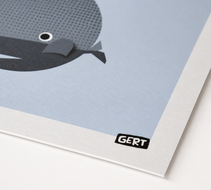 Whales by Gert Paenen, minimalist whale art print featuring three geometric whales in blue, black and grey tones on a soft blue background, contemporary marine life wall art for modern home decor.