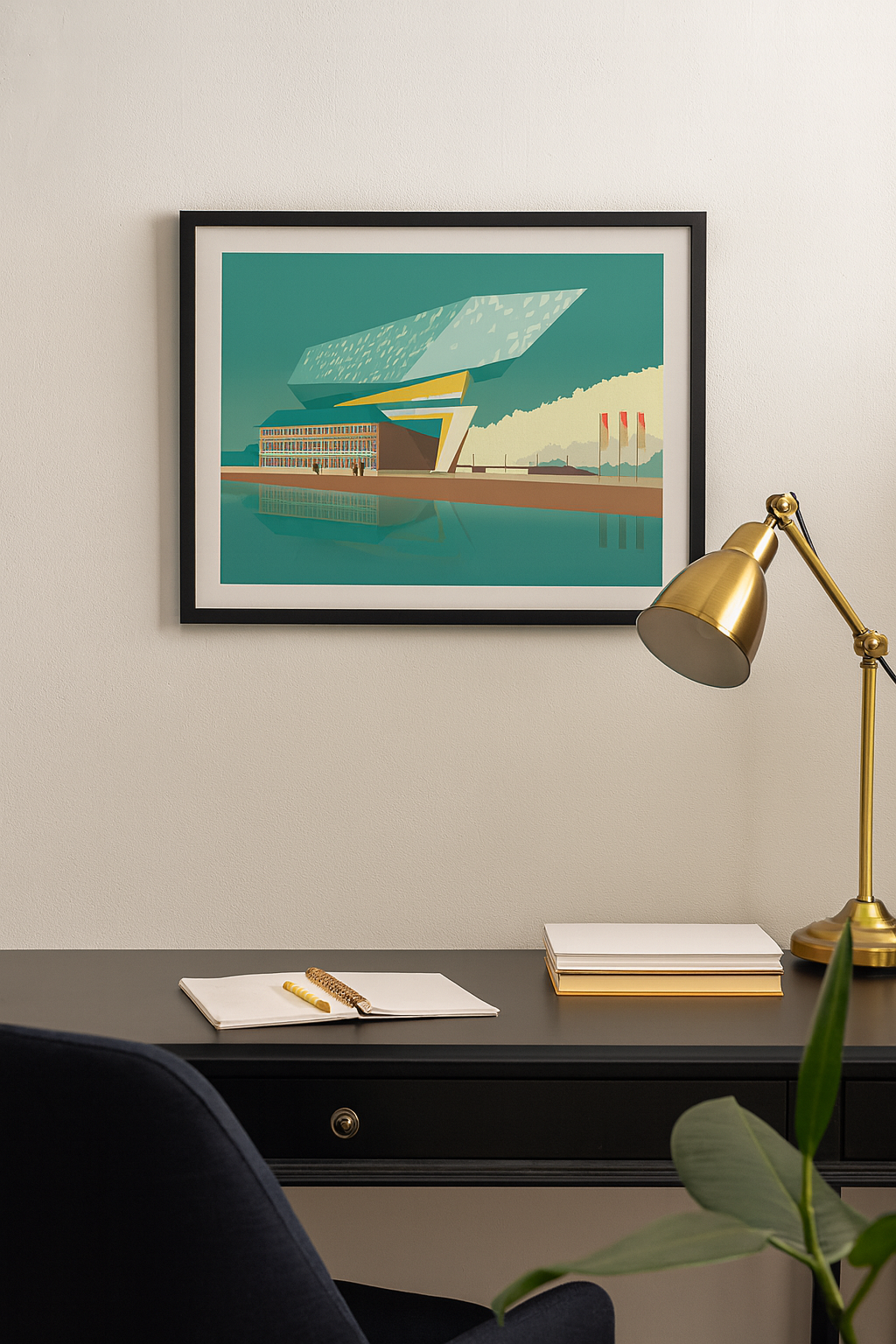 Digital illustration of the Havenhuis Antwerp building by Studio Frits – modern architectural landmark with futuristic glass design over historic base, reflected in turquoise water, printed as a 30x40 cm Belgian art print.