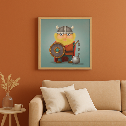 Funny cartoon illustration of a Viking warrior with a blond beard, horned helmet, shield, and spiked mace, titled “Harald the Viking” by Studio Frits – 30 x 30 cm art print.