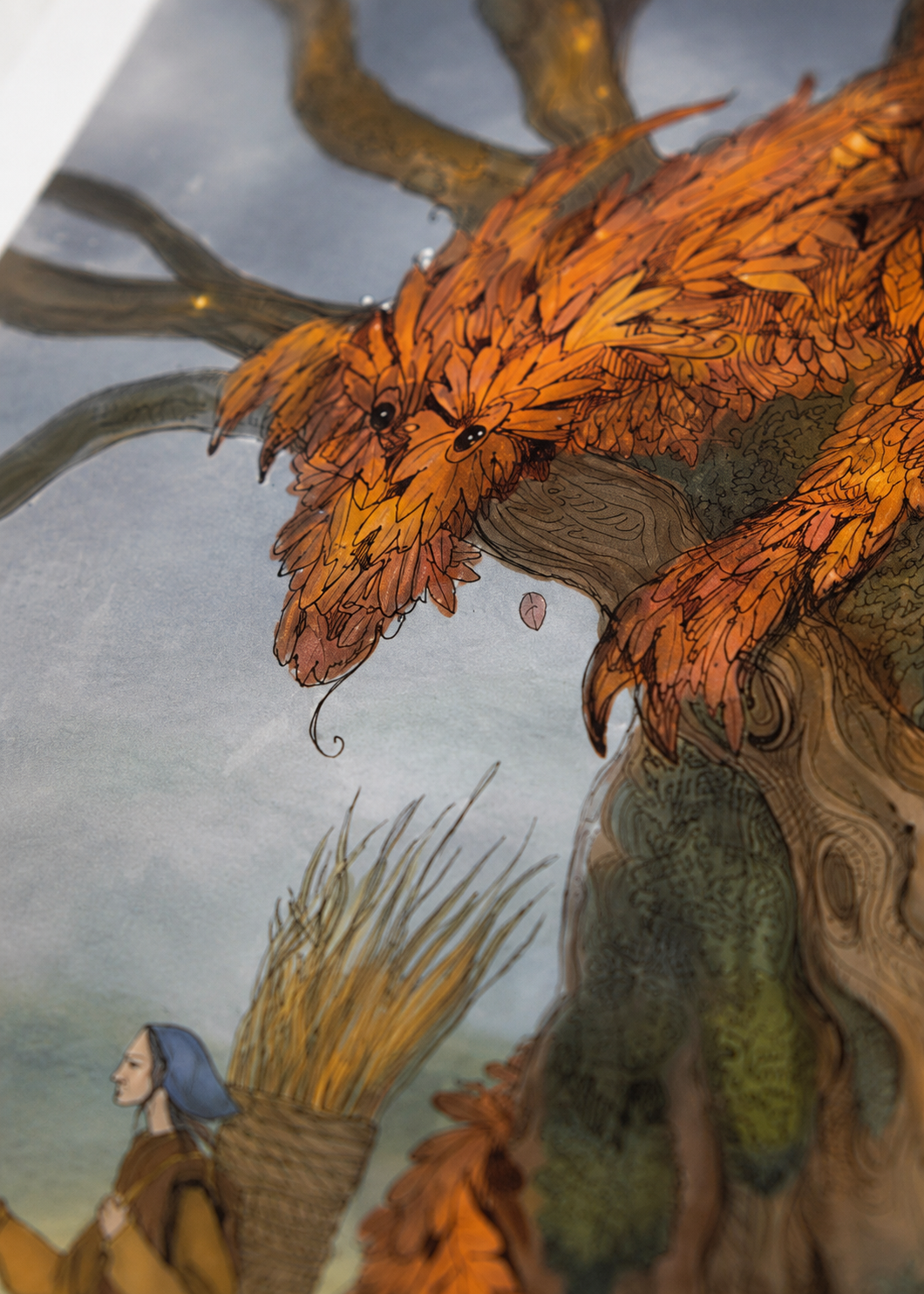 Autumn dragon made of golden leaves resting in an ancient tree beside a traveler, illustrated in a detailed folklore-inspired fantasy style with warm orange tones and soft natural colors. Vertical giclée wall art for cozy home decor.