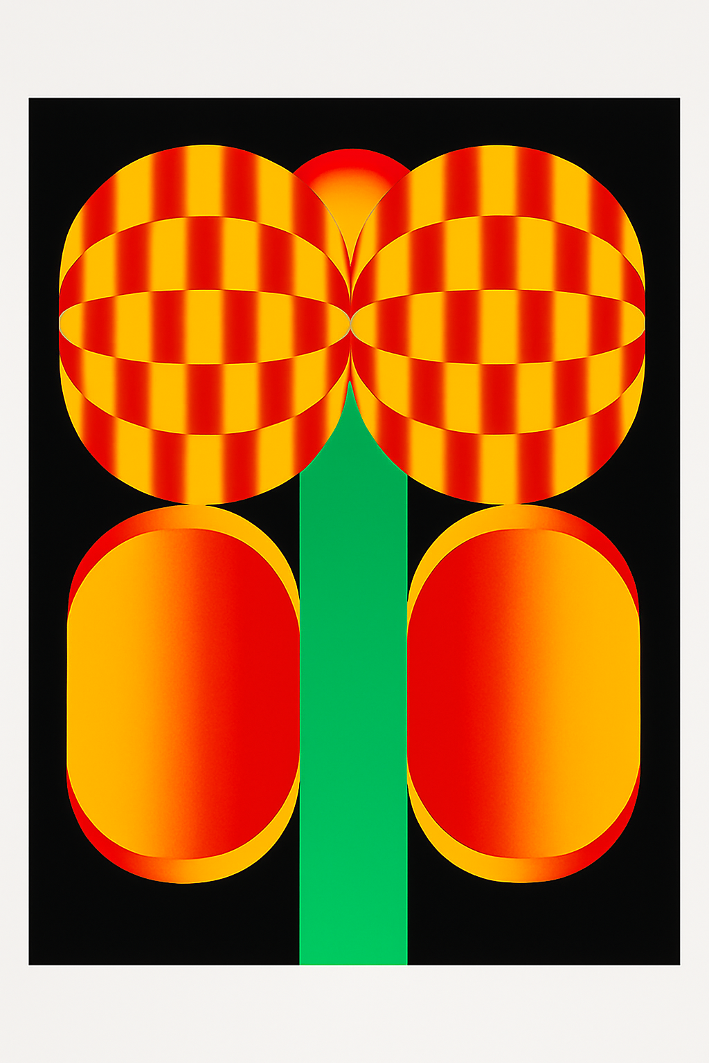 Bold graphic screenprint of a stylized red and yellow flower with geometric shapes on a black background – popping flower by PTRVRKD, 40 x 50 cm limited edition art print made in the Netherlands.