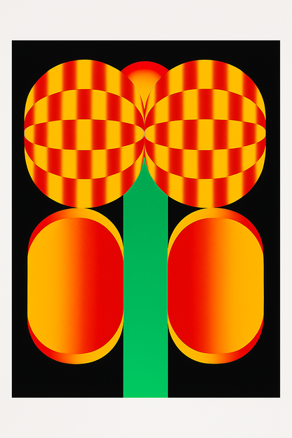 Bold graphic screenprint of a stylized red and yellow flower with geometric shapes on a black background – popping flower by PTRVRKD, 40 x 50 cm limited edition art print made in the Netherlands.