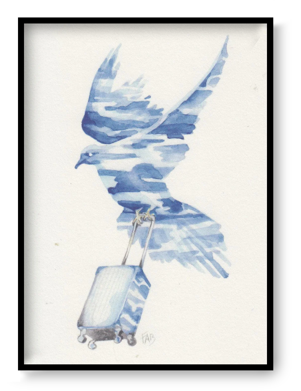 Bird flying with suitcase watercolor illustration, travel themed art card A6 by Belgian illustrator FAB, poetic minimalist wall art.