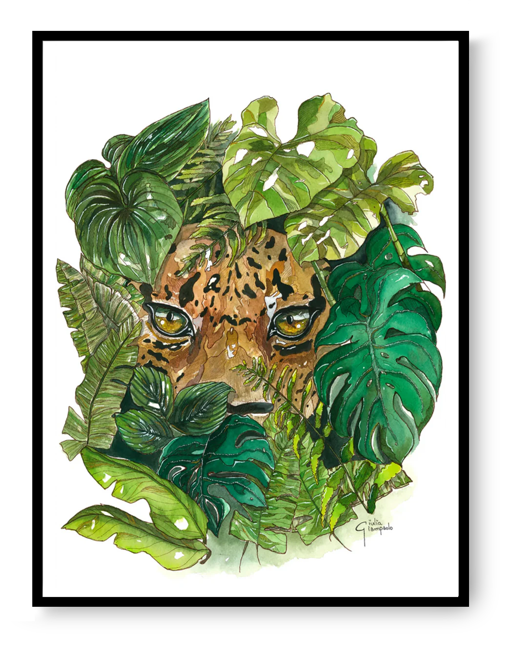 Leopard eyes hidden in tropical green leaves watercolor art print, jungle animal illustration by Giu Watercolor, 30x40 cm fine art wall decor.