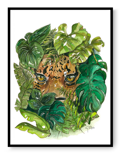 Leopard eyes hidden in tropical green leaves watercolor art print, jungle animal illustration by Giu Watercolor, 30x40 cm fine art wall decor.