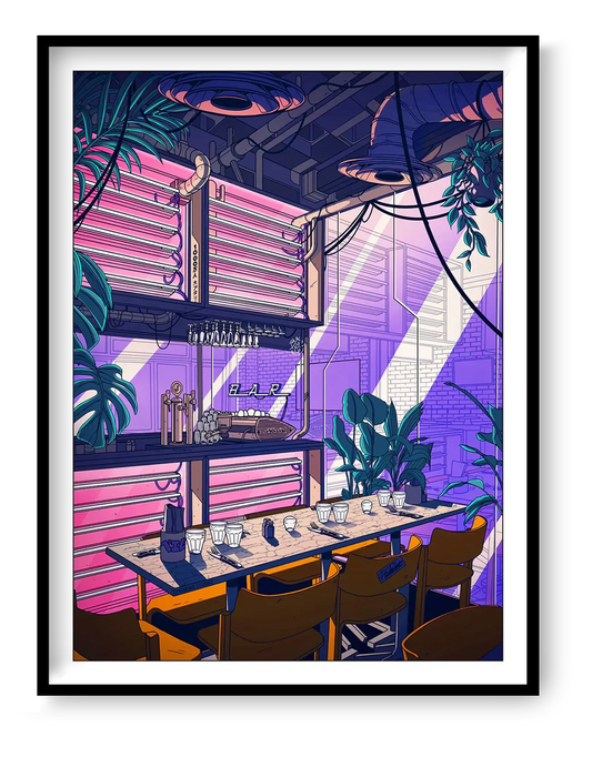 Neon-lit café interior illustration with empty tables, hanging lamps, lush plants and retro-futuristic atmosphere, art print by Paiheme Studio inspired by modern coffee culture.