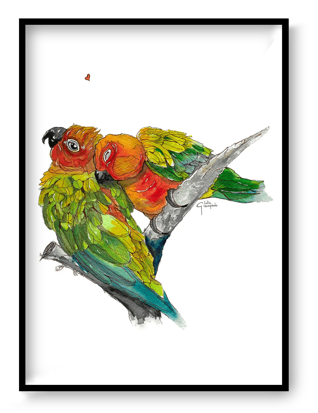 Watercolor illustration of two colorful parrots resting together on a branch, symbolizing love and intimacy, fine art print by Giu Watercolor.