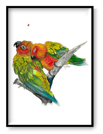Watercolor illustration of two colorful parrots resting together on a branch, symbolizing love and intimacy, fine art print by Giu Watercolor.