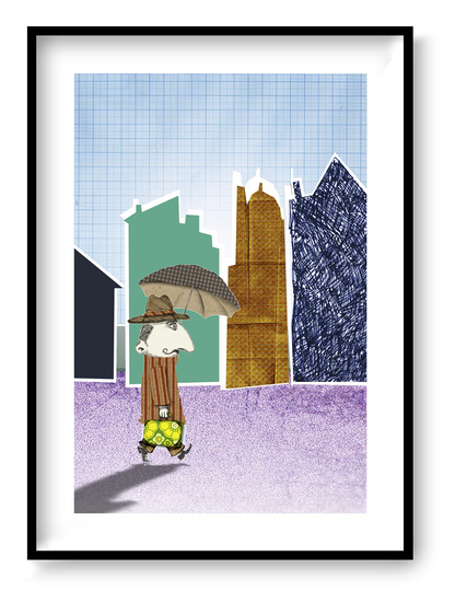 Mister Jenkins digital collage print by Gert Paenen featuring a whimsical character carrying a suitcase and umbrella while walking through a colorful urban landscape of textured buildings, contemporary collage wall art printed on premium paper.