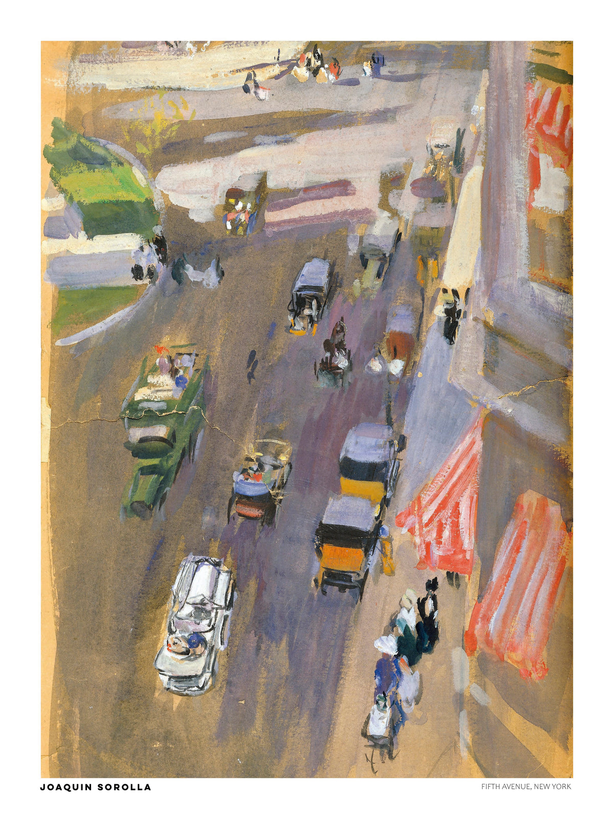 Vertical vintage cityscape of Fifth Avenue, New York by Joaquín Sorolla, showing early automobiles, pedestrians and colorful storefronts in loose, impressionist brushstrokes. Warm muted tones, ideal for classic or eclectic wall decor.