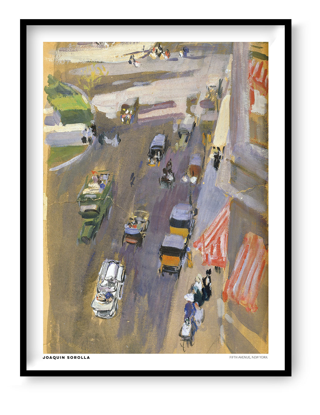 Vertical vintage cityscape of Fifth Avenue, New York by Joaquín Sorolla, showing early automobiles, pedestrians and colorful storefronts in loose, impressionist brushstrokes. Warm muted tones, ideal for classic or eclectic wall decor.