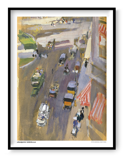 Vertical vintage cityscape of Fifth Avenue, New York by Joaquín Sorolla, showing early automobiles, pedestrians and colorful storefronts in loose, impressionist brushstrokes. Warm muted tones, ideal for classic or eclectic wall decor.