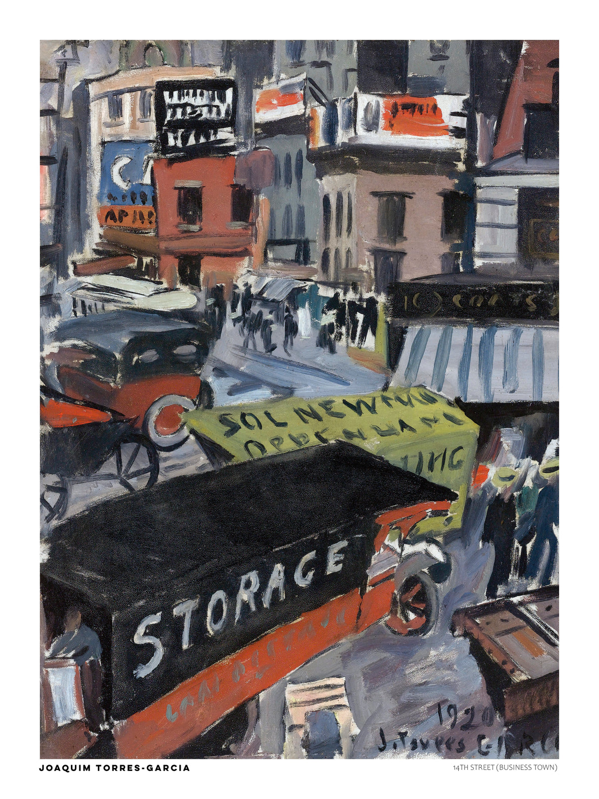 Joaquim Torres-Garcia's 14th Street (Business Town), a vertical modernist cityscape with vintage New York storefronts, cars, bold lettering, and earthy red, blue, and grey tones. Digital wall art print for eclectic interiors.