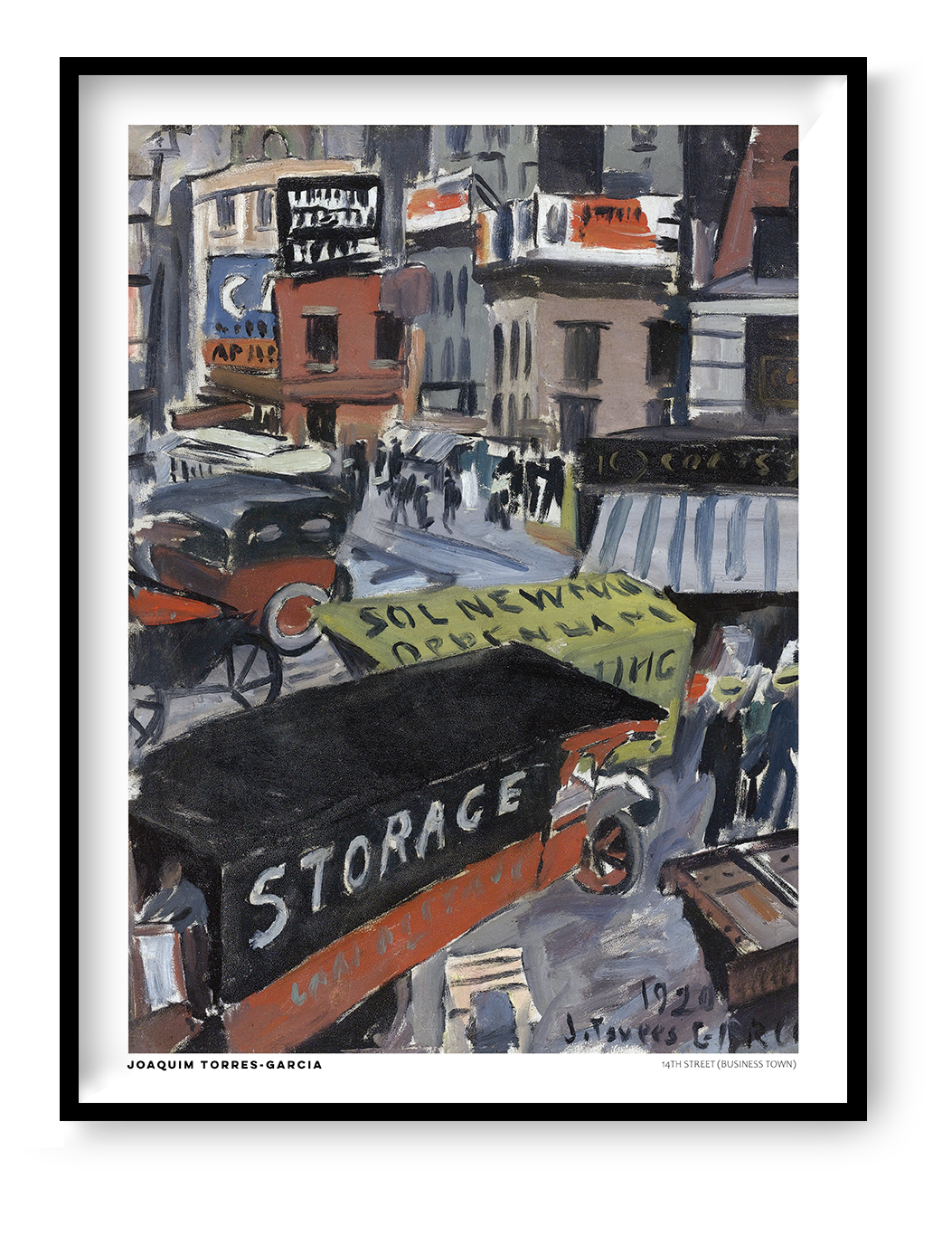 Joaquim Torres-Garcia's 14th Street (Business Town), a vertical modernist cityscape with vintage New York storefronts, cars, bold lettering, and earthy red, blue, and grey tones. Digital wall art print for eclectic interiors.