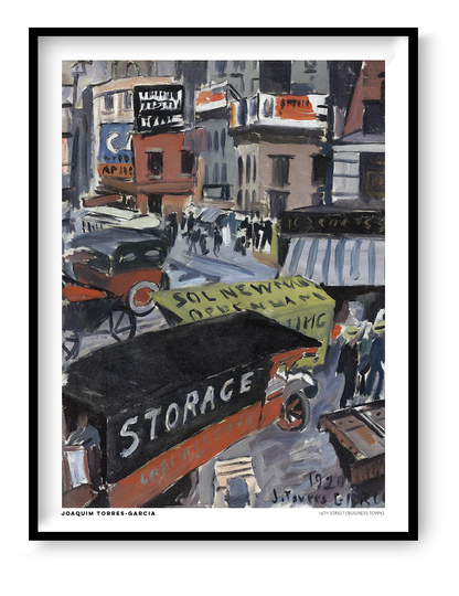 Joaquim Torres-Garcia's 14th Street (Business Town), a vertical modernist cityscape with vintage New York storefronts, cars, bold lettering, and earthy red, blue, and grey tones. Digital wall art print for eclectic interiors.