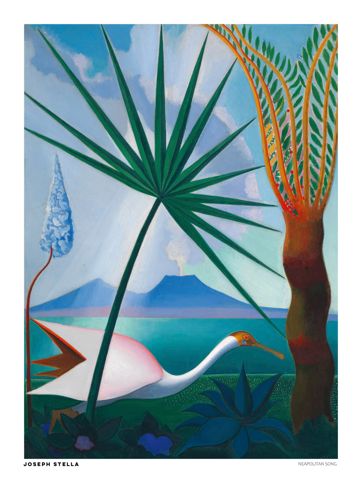 Joseph Stella's Neapolitan Song digital art print featuring a white bird, tropical green leaves, turquoise sea, blue mountains, and a distant volcano. Colorful vertical wall art for living rooms.