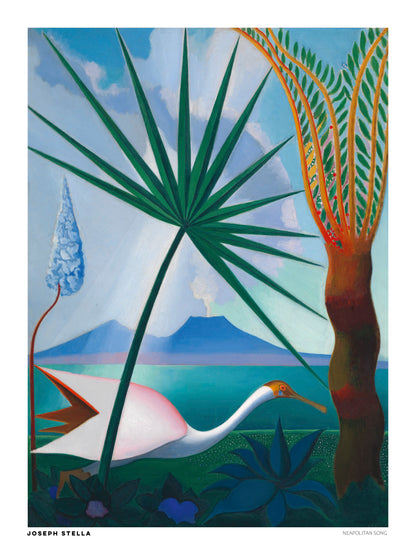 Joseph Stella's Neapolitan Song digital art print featuring a white bird, tropical green leaves, turquoise sea, blue mountains, and a distant volcano. Colorful vertical wall art for living rooms.