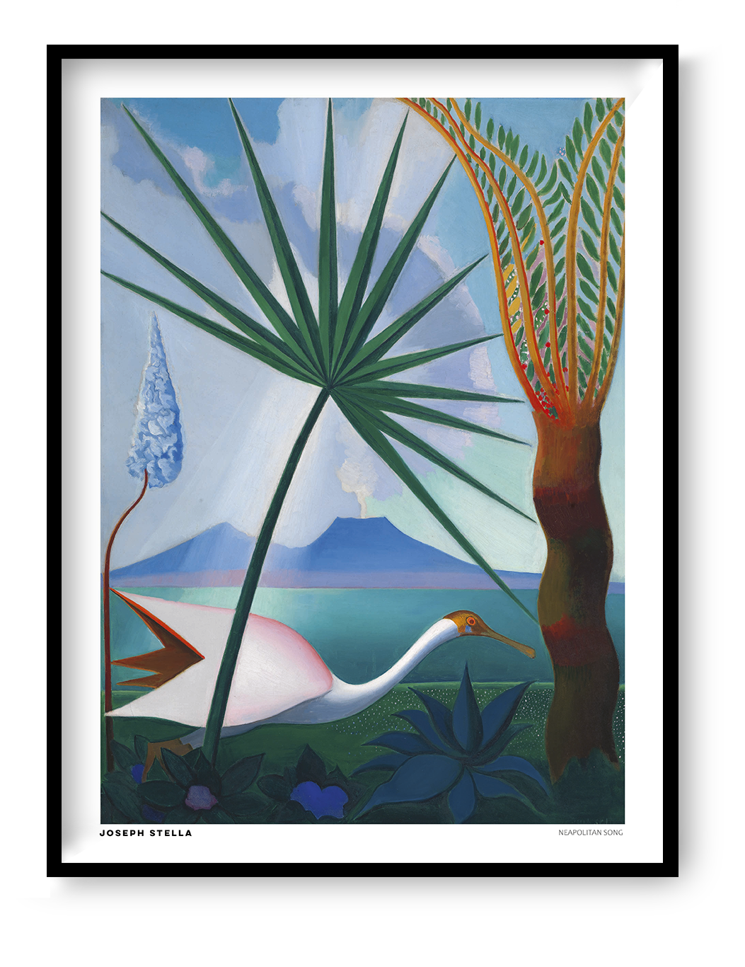 Joseph Stella's Neapolitan Song digital art print featuring a white bird, tropical green leaves, turquoise sea, blue mountains, and a distant volcano. Colorful vertical wall art for living rooms.