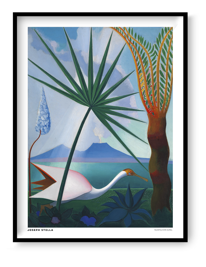 Joseph Stella's Neapolitan Song digital art print featuring a white bird, tropical green leaves, turquoise sea, blue mountains, and a distant volcano. Colorful vertical wall art for living rooms.