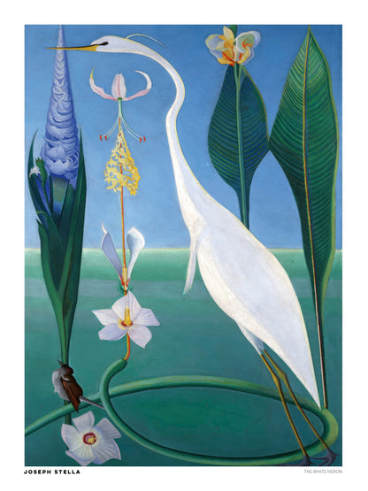 The White Heron by Joseph Stella, a vertical modernist botanical artwork featuring a graceful white heron, tropical flowers and lush green leaves against a blue background. Digital art print for nature-inspired wall decor.