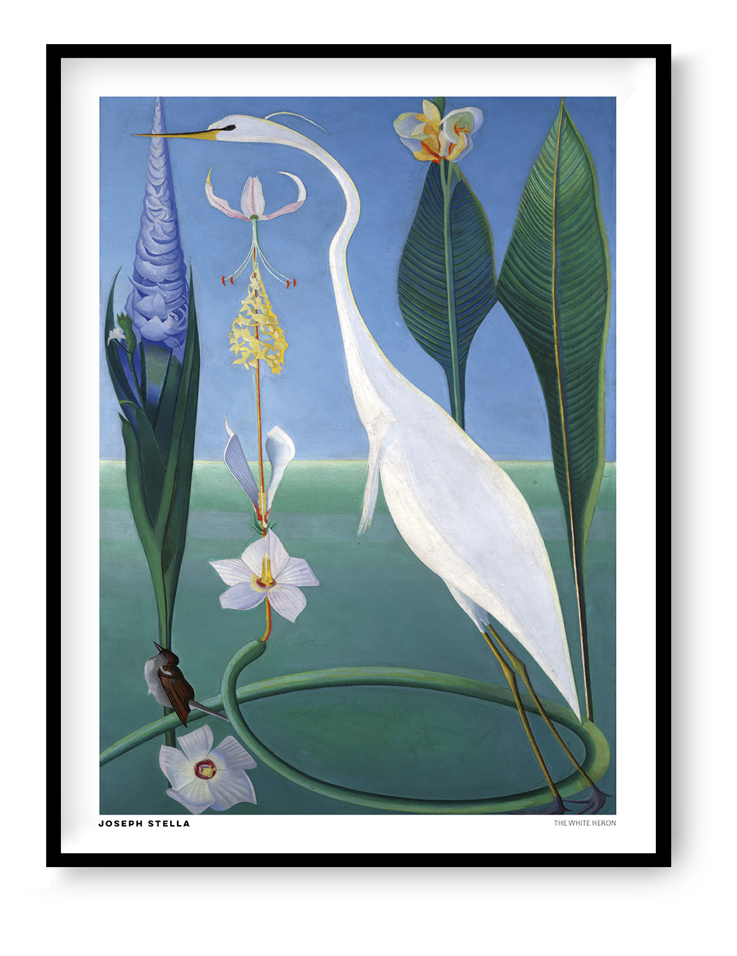 The White Heron by Joseph Stella, a vertical modernist botanical artwork featuring a graceful white heron, tropical flowers and lush green leaves against a blue background. Digital art print for nature-inspired wall decor.