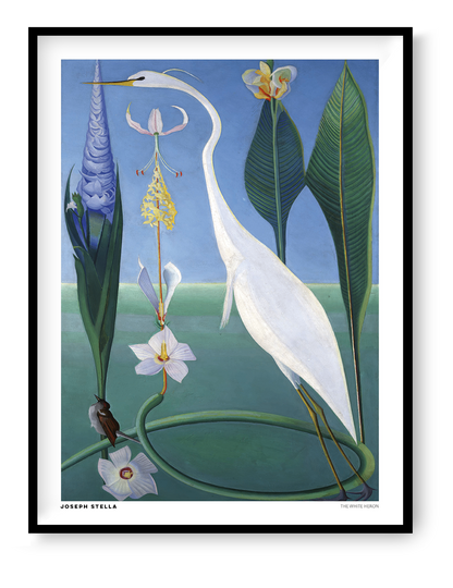 The White Heron by Joseph Stella, a vertical modernist botanical artwork featuring a graceful white heron, tropical flowers and lush green leaves against a blue background. Digital art print for nature-inspired wall decor.
