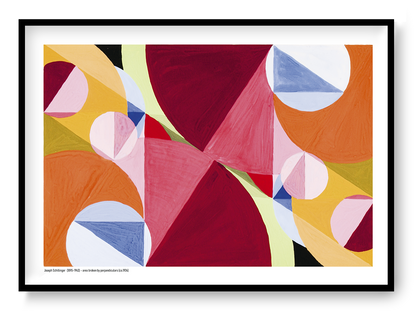 Horizontal abstract digital art print by Joseph Schillinger with overlapping geometric shapes in red, pink, orange, yellow, blue and green, ideal as colourful wall art for modern living rooms or offices.