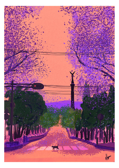 Colourful vertical giclée art print by Valeria Maggiani showing Paseo de la Reforma in Mexico City beneath purple jacaranda trees, with the Ángel de la Independencia and a cat crossing the road.