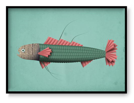 A4 modern fish wall art print by Studio Frits featuring green scales, pink fins and collage newspaper texture on matte fine art paper