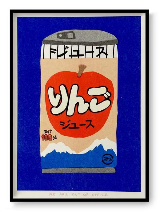 Japanese apple juice risograph art print 13x18 cm featuring bold blue background and retro soda can illustration by We Are Out Of Office.