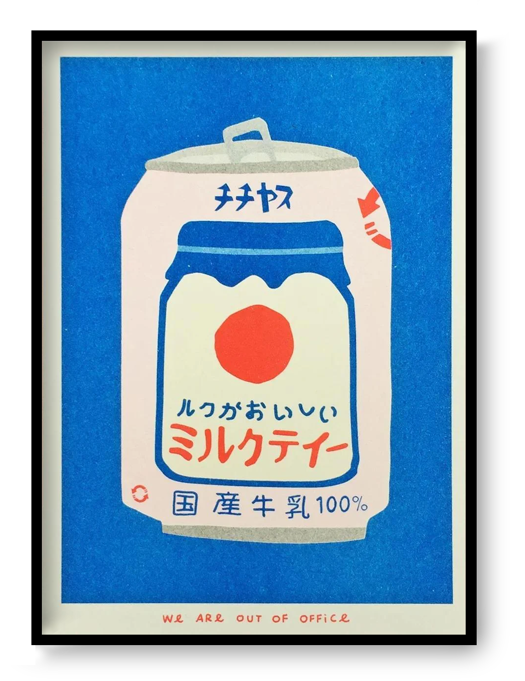 Blue and red risograph art print of Japanese milk tea can by We Are Out Of Office, 13x18 cm small pop art illustration inspired by vintage packaging.