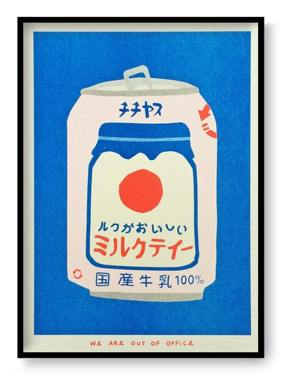 Blue and red risograph art print of Japanese milk tea can by We Are Out Of Office, 13x18 cm small pop art illustration inspired by vintage packaging.
