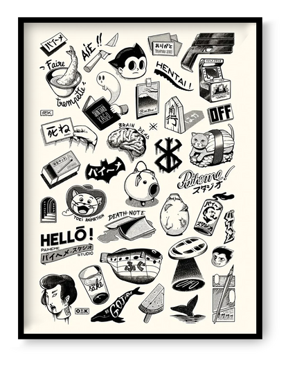 Japanese Premium Tattoos art print by Paiheme Studio, 30x40 cm black and white manga-inspired tattoo flash illustration with Japanese pop culture icons and graphic symbols.