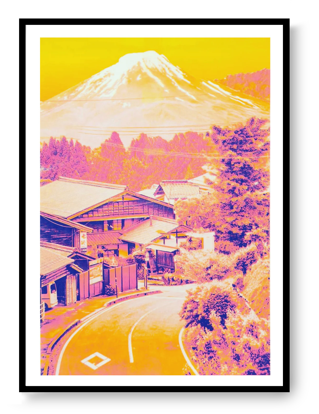 Neon Mount Fuji risograph print, Japanese collage wall art by PTRVRKD, modern Japanese landscape poster in pink and yellow