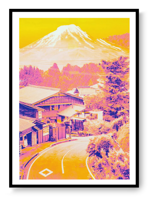 Neon Mount Fuji risograph print, Japanese collage wall art by PTRVRKD, modern Japanese landscape poster in pink and yellow