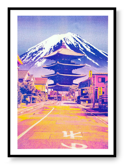 Neon Japanese risograph print of Gokoyama road with Mount Fuji, colorful Tokyo-style collage art by PTRVRKD, modern Japanese wall art poster