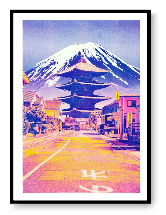 Neon Japanese risograph print of Gokoyama road with Mount Fuji, colorful Tokyo-style collage art by PTRVRKD, modern Japanese wall art poster
