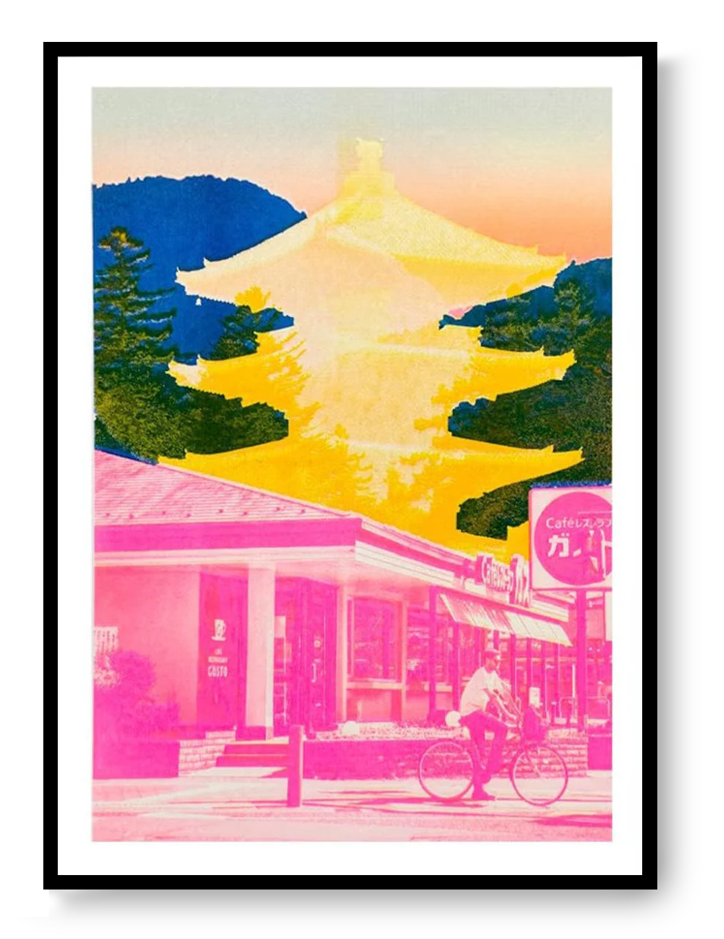 Japanese collage risograph print Kyoto by PTRVRKD in A3 size, featuring neon pink street, yellow pagoda and blue mountains, contemporary Japanese wall art from Galerie Frits