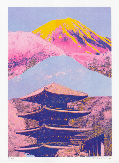 Colourful vertical risograph print by PTRVRKD showing a traditional Kyoto temple beneath Mount Fuji, rendered in vivid pink, yellow, blue and purple tones for bold contemporary wall decor.