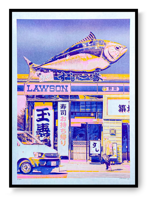 Japanese Lawson store risograph print by PTRVRKD, neon Tokyo street collage, Japanese pop art wall print, Galerie Frits