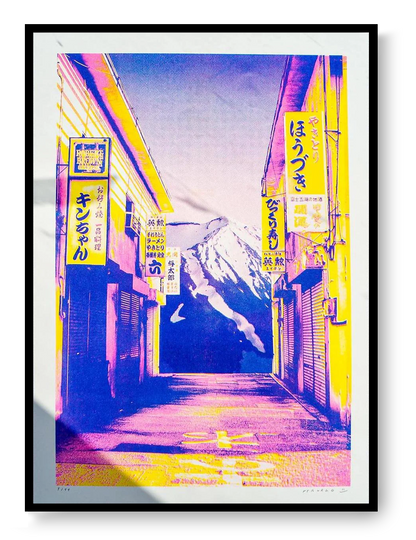 Japanese risograph collage print showing a neon Japanese street with Mount Fuji, bold pink yellow blue colors, contemporary wall art by PTRVRKD