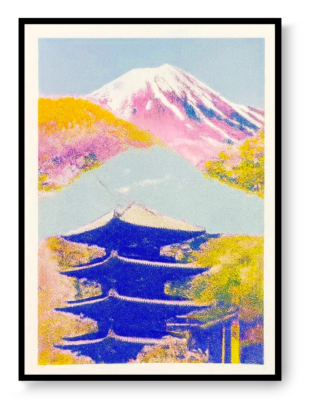 Japanese risograph print with Mount Fuji and traditional pagoda, pastel pink blue and yellow tones, modern Japanese wall art by PTRVRKD